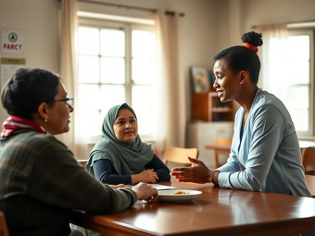 A social worker engaging with a refugee family in a community center, showcasing SECOURS CATHOLIQUE's Social Support and Integration program.