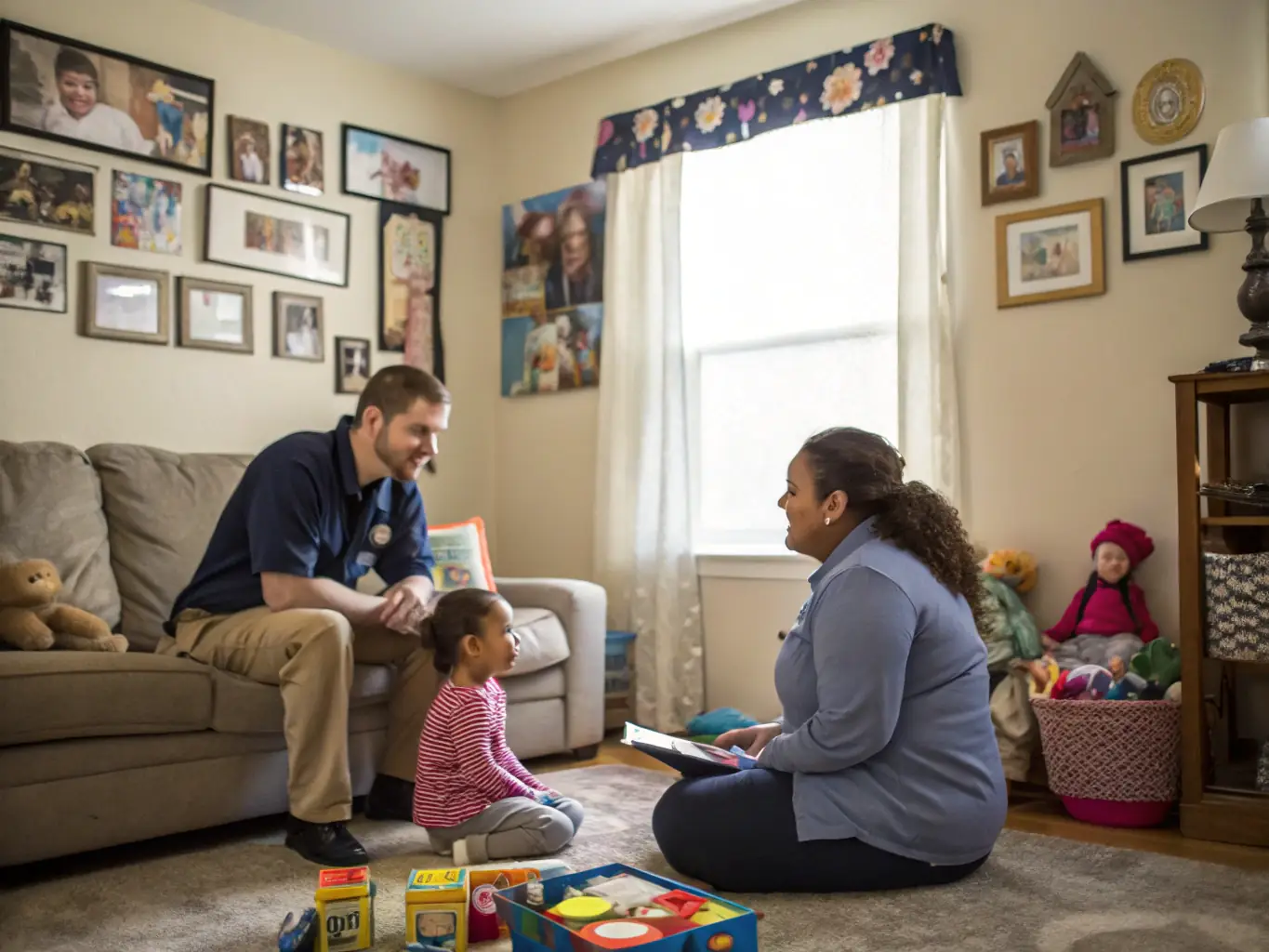 A photograph showing a social worker providing counseling and support to a refugee family, highlighting SECOURS CATHOLIQUE's social support and integration services.