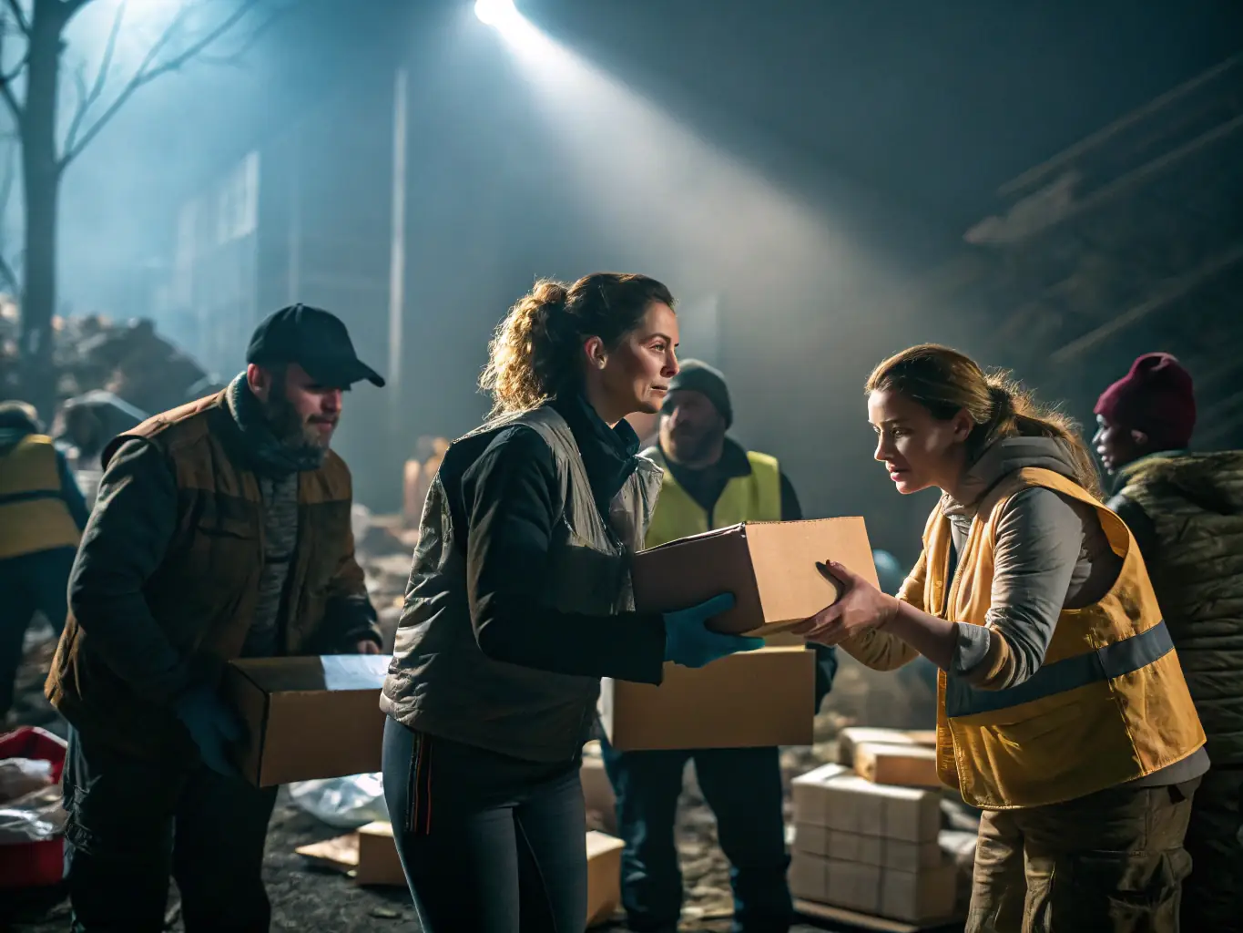 A team distributing food and supplies to disaster-affected families in a makeshift shelter, representing SECOURS CATHOLIQUE's Emergency Relief Programs.