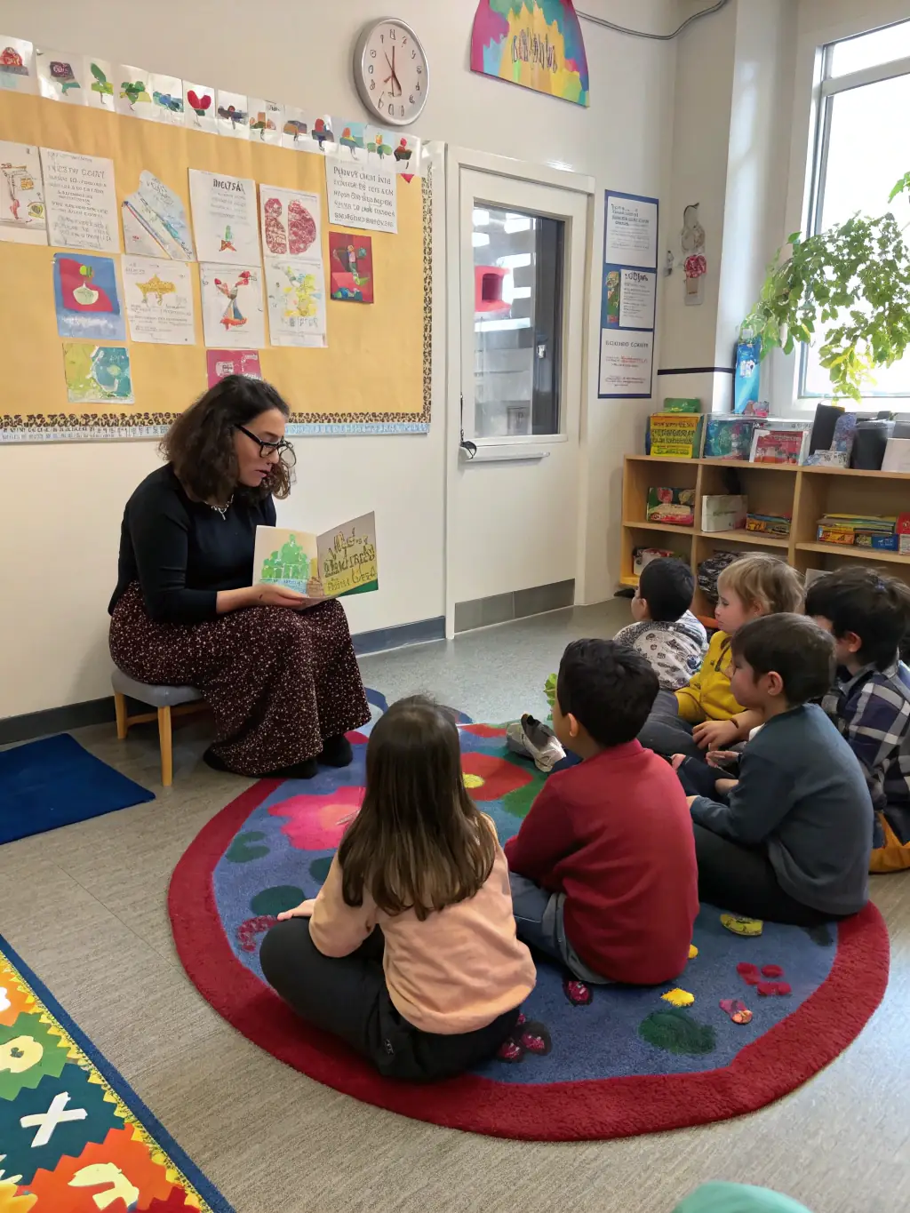 A photograph of children participating in a storytelling session at Bibliothèques Pour Tous, with a librarian reading aloud from a colorful picture book.