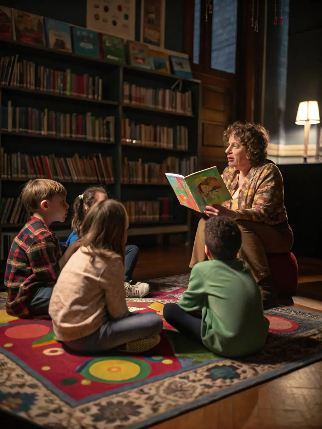 A photograph capturing a children's storytelling session at Bibliothèques Pour Tous, with a librarian enthusiastically reading to a group of attentive children.