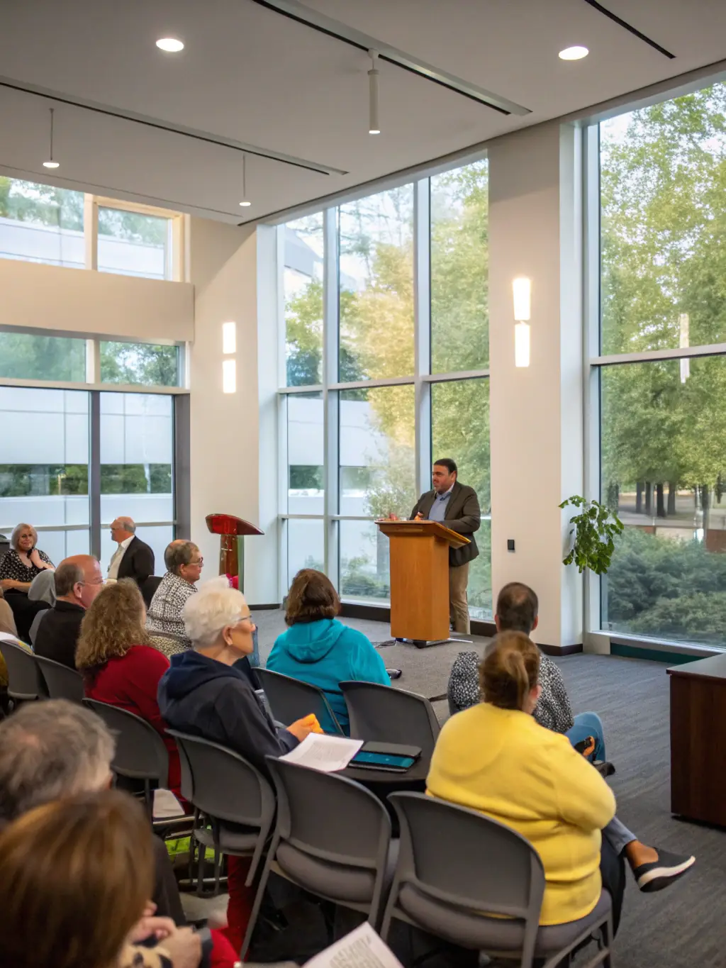 A photograph of adults attending a cultural conference at Bibliothèques Pour Tous, featuring a speaker presenting on a historical topic.