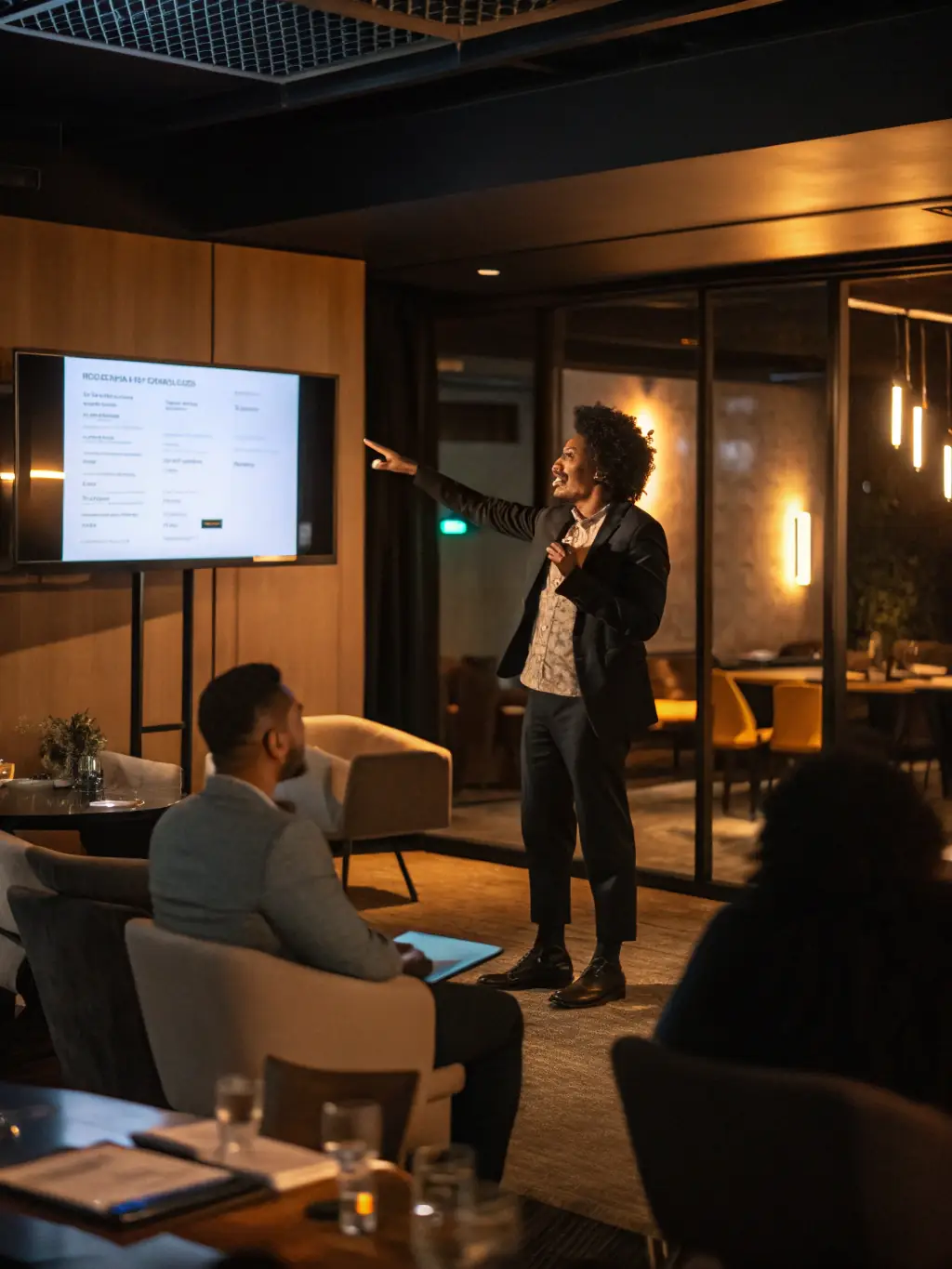 An image depicting a cultural conference hosted by Bibliothèques Pour Tous, featuring a guest speaker addressing an audience interested in literature and arts.